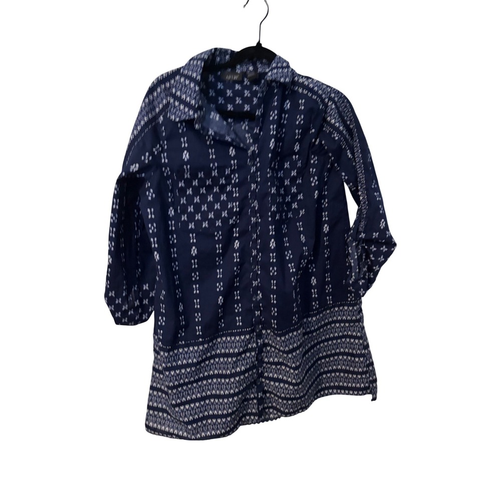 Apt 9 Womens Navy Blue White Geometric Print Roll Tab Sleeve Cotton Shirt L